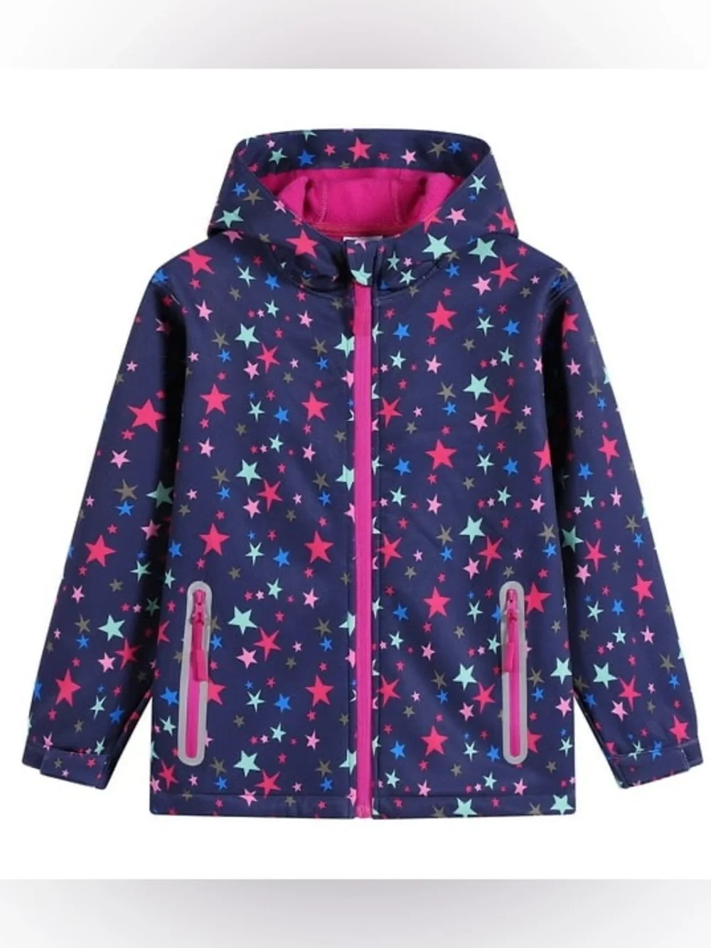 Girls' Navy‎ Star-Print Hooded Raincoat Jacket with Pink Lining 5T